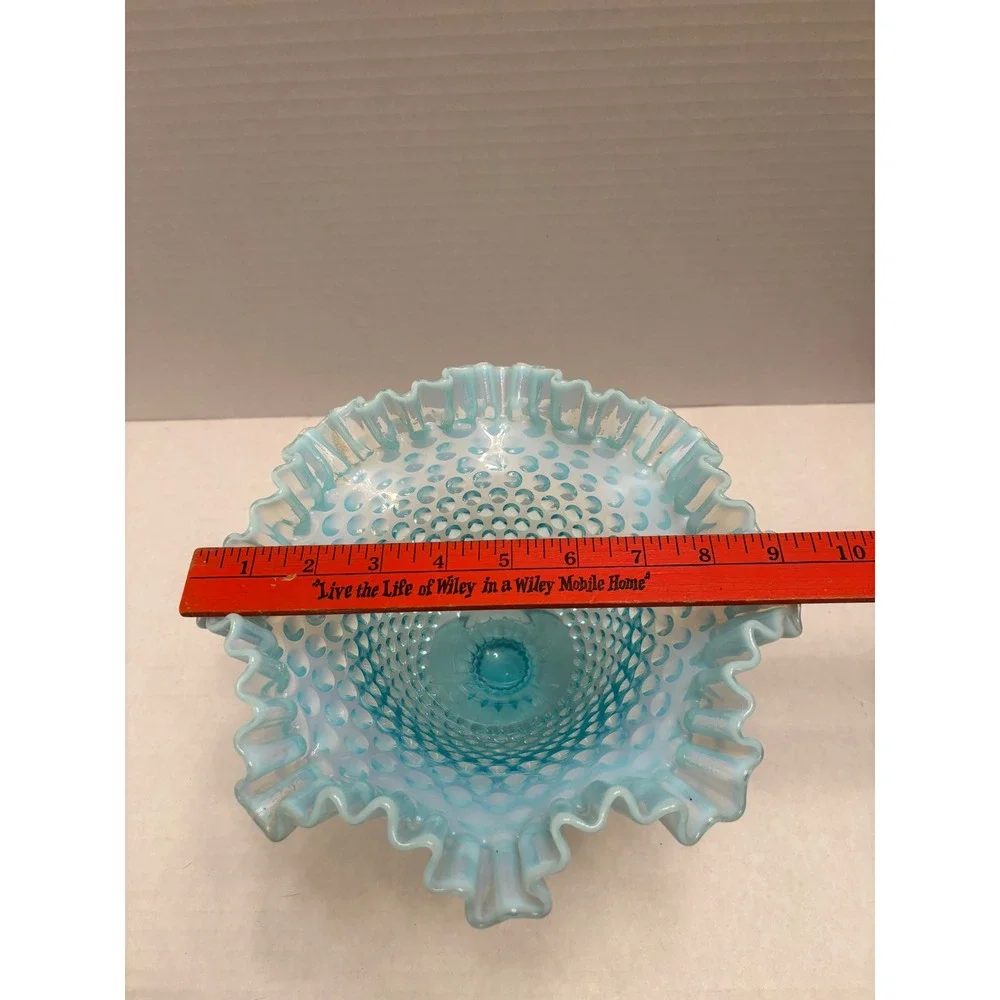 Fenton Blue Opalescent Hobnail Glass Ruffled Compote Pedestal‎ Candy Dish 8